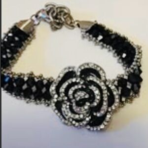Black Crystal Camellia Bracelet Rhinestone Floral Cuff